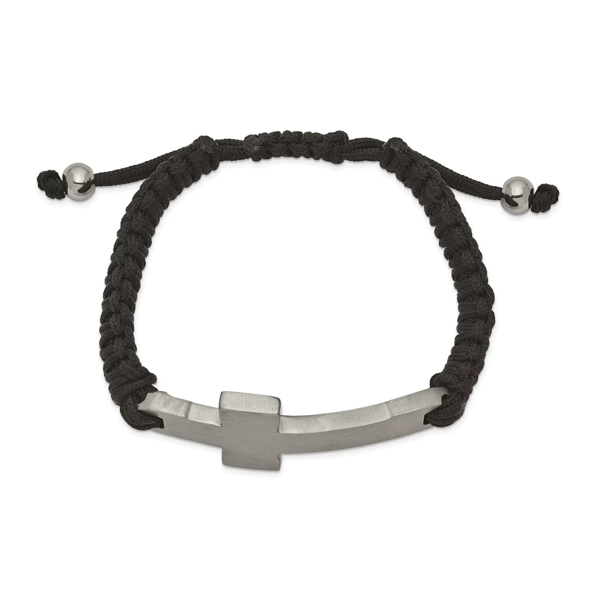 Primal Steel Stainless Steel Brushed and Polished Black Nylon Adjustable Cross Bracelet