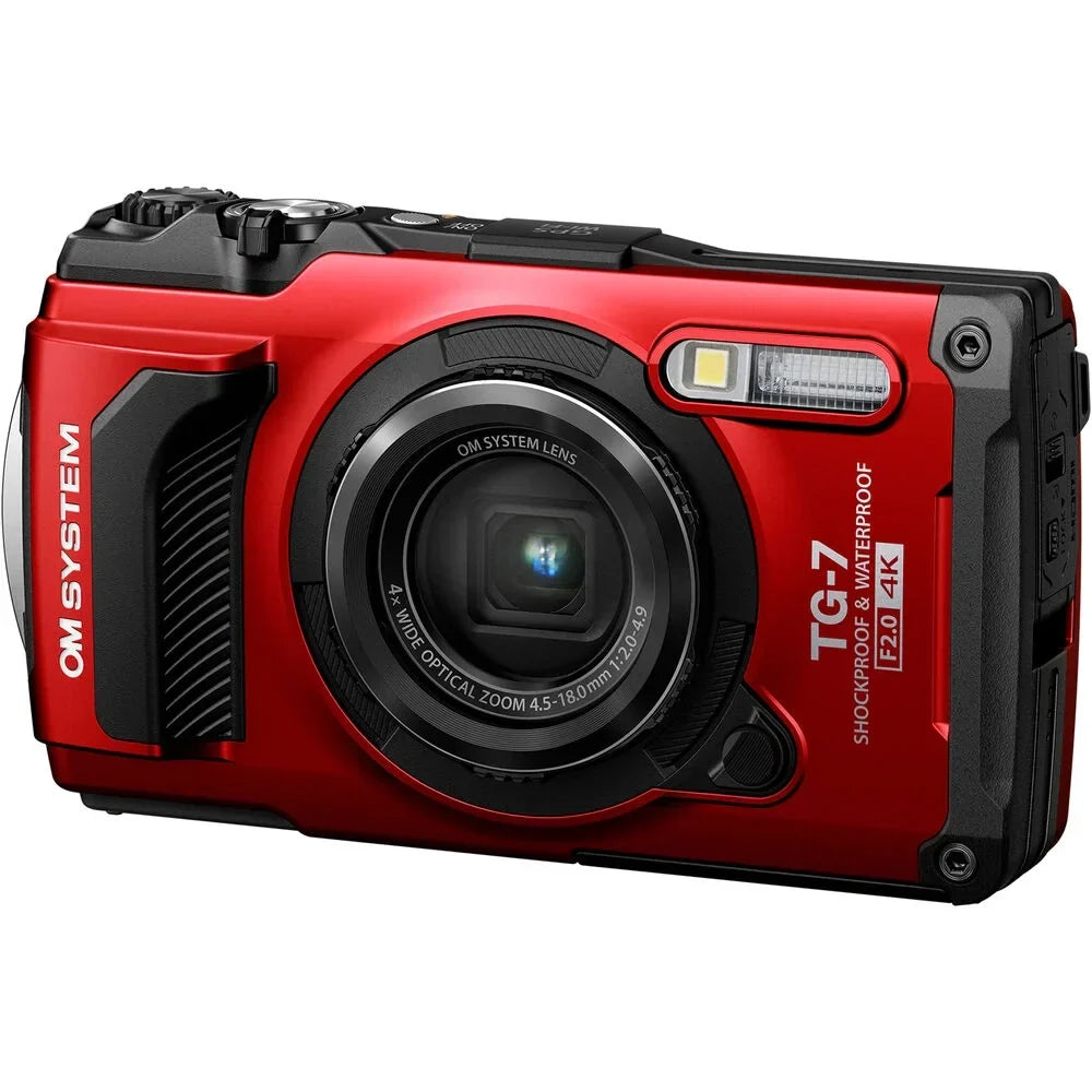 Olympus OM SYSTEM Tough TG-7 Digital Camera (Red) + Tripod + 1 Yr Warranty - 64GB Kit