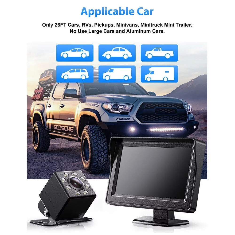 Backup Camera 4.3 Inch HD 720P Car Backup Camera for Cars, Trucks, Pickups, Suvs Easy Installation Waterproof Night Vision 8 LED Rear Backup Camera One Power System Reverse/Continuous Use Grid Lines