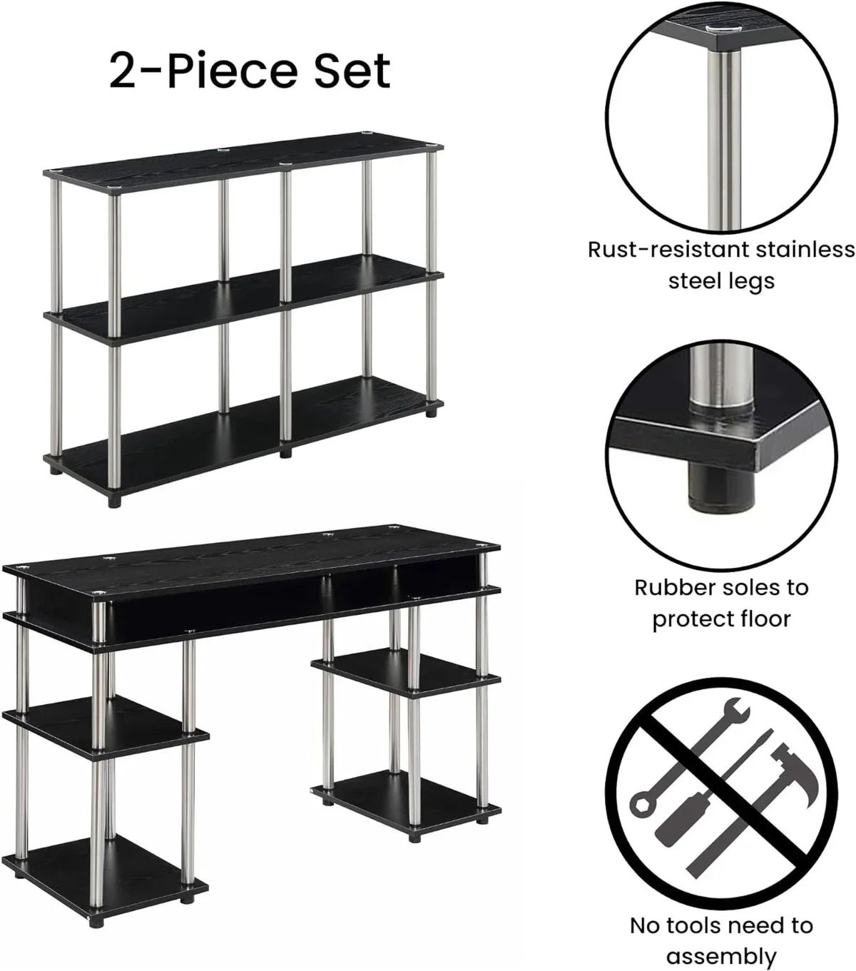 HOZO Designs2Go No Tools Office Contemporary Home Study, Modern Organization, 2-Piece Set (Desk, Console Table), Black