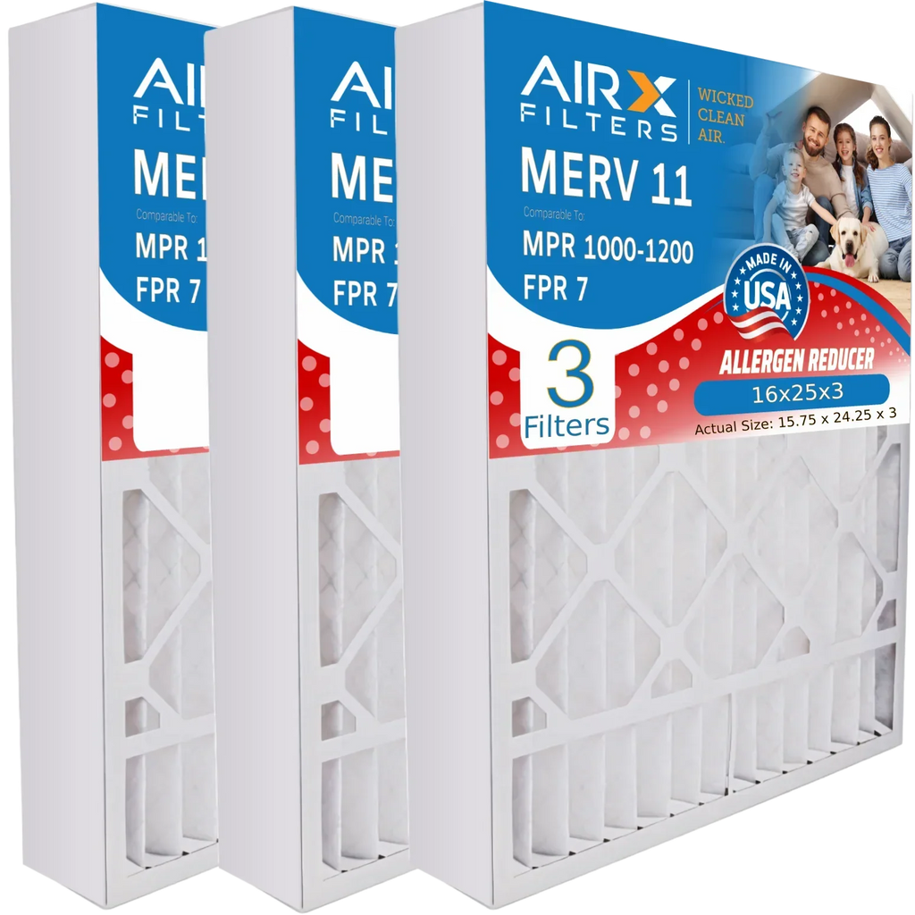 16x25x3 Air Filter MERV 11 Comparable to MPR 1000, MPR 1200 & FPR 7 Compatible with Lennox X0581 Air Filter 3 Pack16x25x3 by AIRX FILTERS WICKED CLEAN AIR.