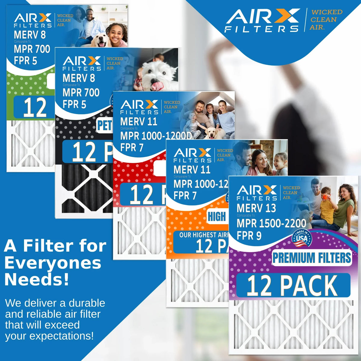 14x30x1 Air Filter MERV 13 Rating, 12 Pack of Furnace Filters Comparable to MPR 1500 - 2200 & FPR 9 - Made in USA by AIRX FILTERS WICKED CLEAN AIR.