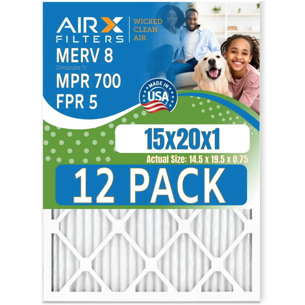 15x20x1 Air Filter MERV 8 Rating, 12 Pack of Furnace Filters Comparable to MPR 700 & FPR 5 - Made in USA by AIRX FILTERS WICKED CLEAN AIR.
