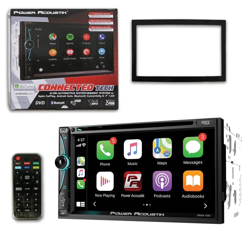 Power Acoustik CPAA-70D 2 Din 7" DVD CD Stereo Bluetooth W/ Apple Carplay & Android Auto with DCO Full License Plate Night Vision Waterproof Back-up Camera