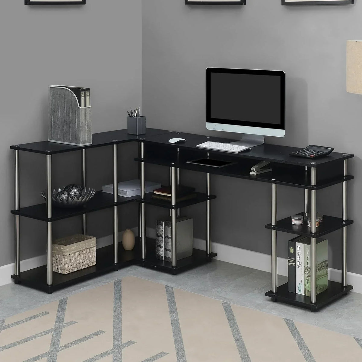 HOZO Designs2Go No Tools Office Contemporary Home Study, Modern Organization, 2-Piece Set (Desk, Console Table), Black