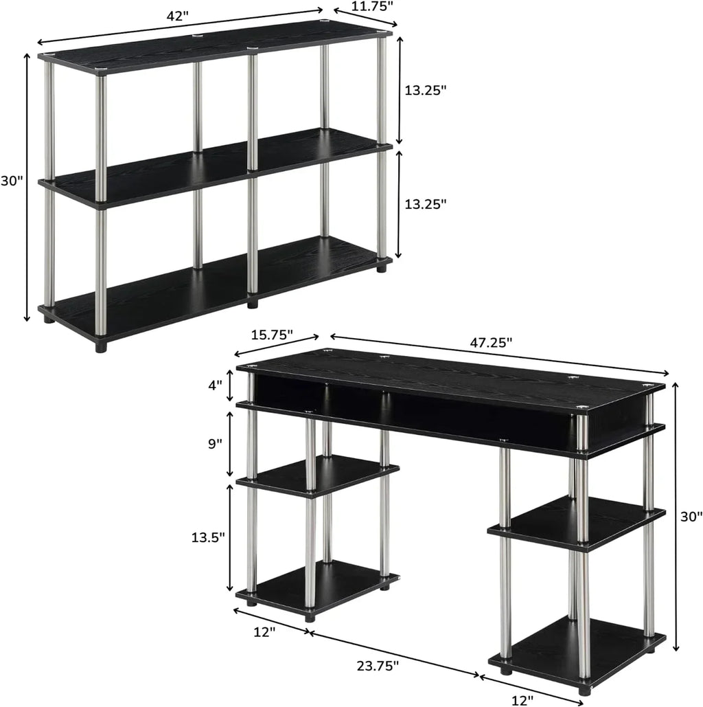HOZO Designs2Go No Tools Office Contemporary Home Study, Modern Organization, 2-Piece Set (Desk, Console Table), Black
