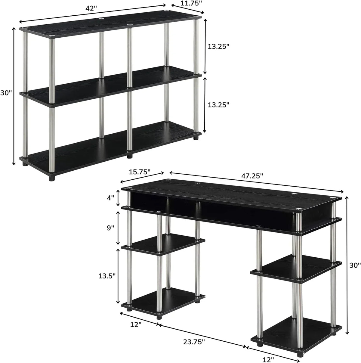 HOZO Designs2Go No Tools Office Contemporary Home Study, Modern Organization, 2-Piece Set (Desk, Console Table), Black