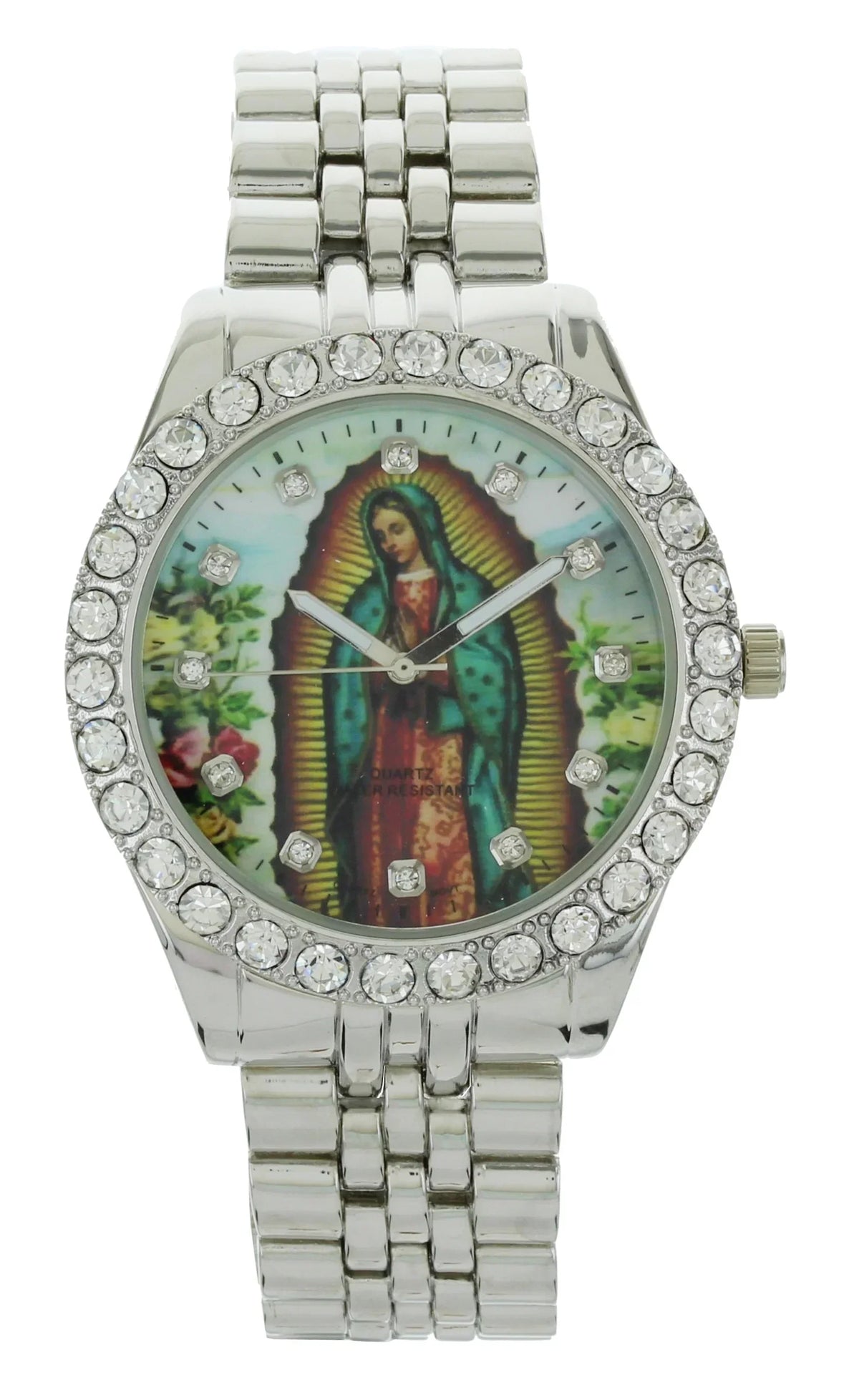 Men's Our Lady of Guadalupe Silver-Tone Metal Bracelet Watch with Neckless and Cross Pendent Set
