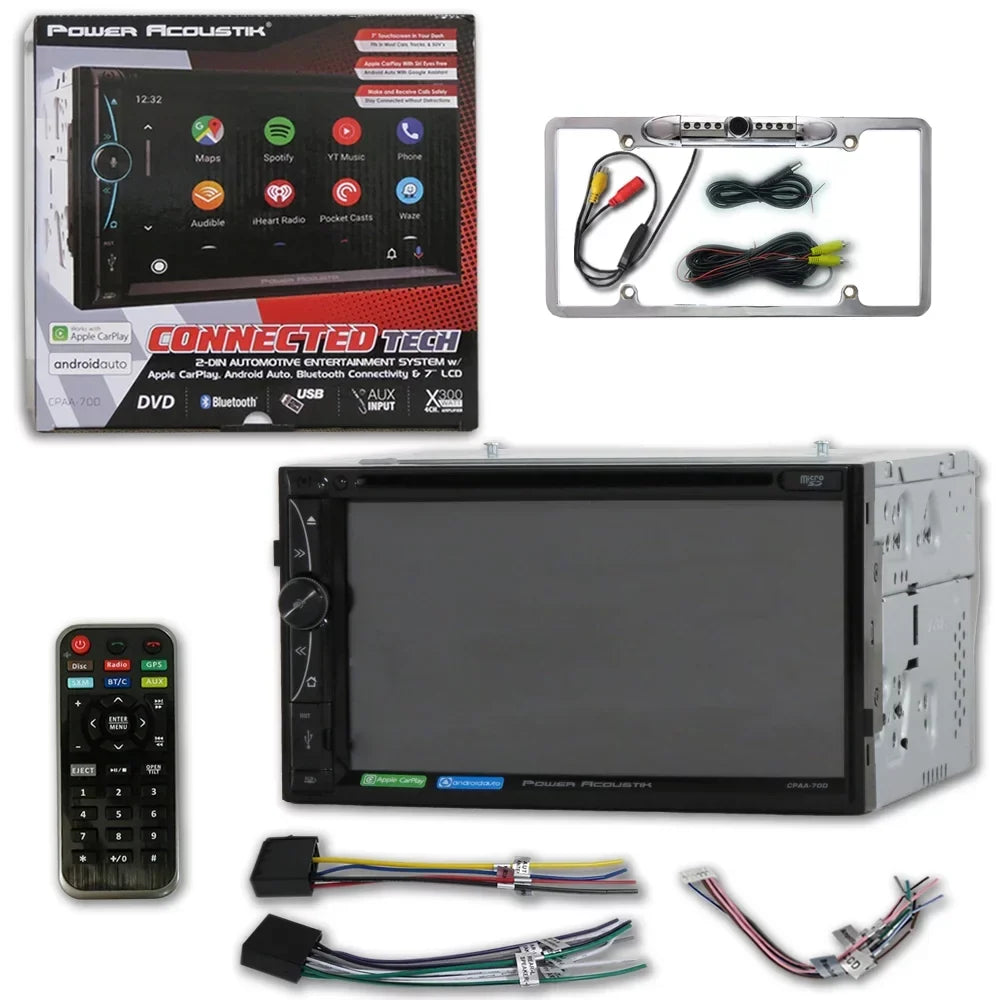 Power Acoustik CPAA-70D 2 Din 7" DVD CD Stereo Bluetooth W/ Apple Carplay & Android Auto with DCO Full License Plate Night Vision Waterproof Back-up Camera