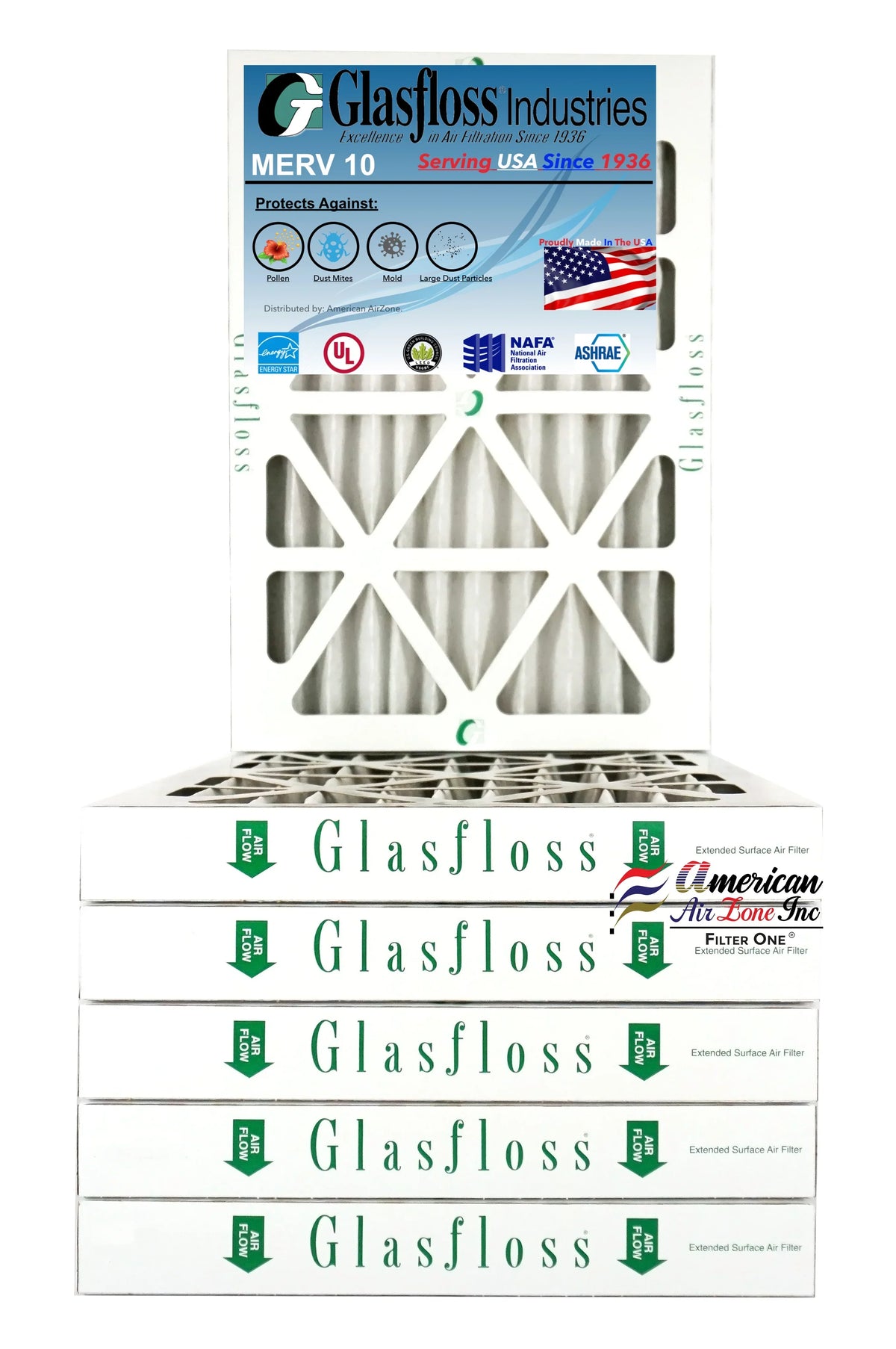 Glasfloss Air Filter 15x20x2 - 2" MERV 10 - (Pack of 6) - Pleated AC or HVAC Air Filter - Furnace Air Filter - Home or Office - Made In The USA.