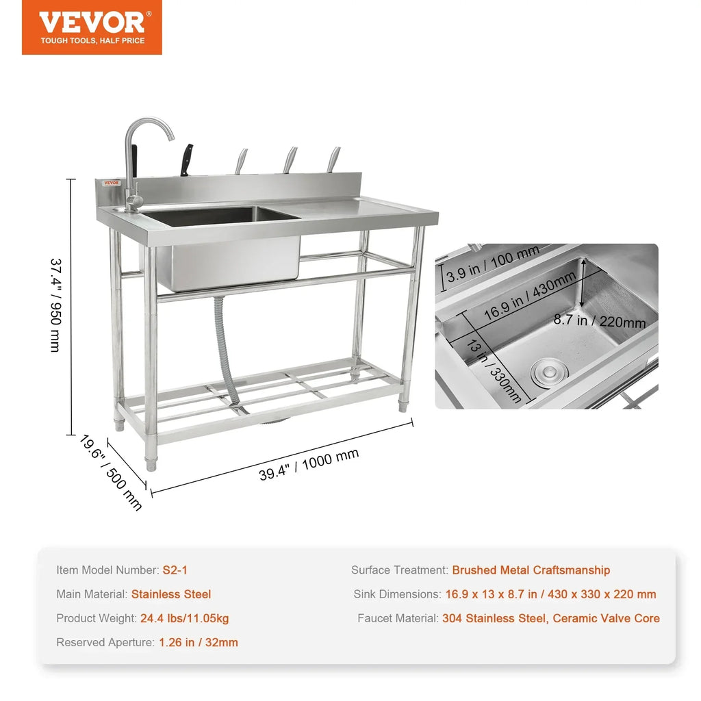 BENTISM Stainless Steel Utility Sink Single Bowl w/Workbench 39.4 x 19.1 x 37.4 in